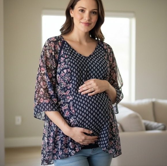 Jessica Simpson Tops - JESSICA SIMPSON MATERNITY Floral Navy Sheer Blouse Short Sleeve Size Small